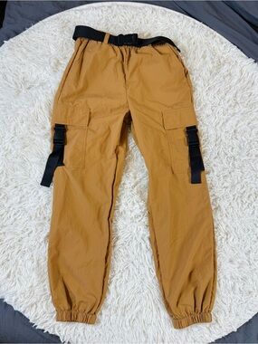 Forever 21 Mustard Cargo Jogger Pants with Black Strap Detail